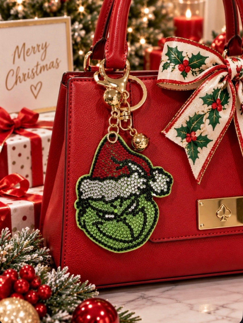 New Grinch Blingy Chunky Bag Charm/Keychain/ Christmas Holiday Gift Stocking Fun